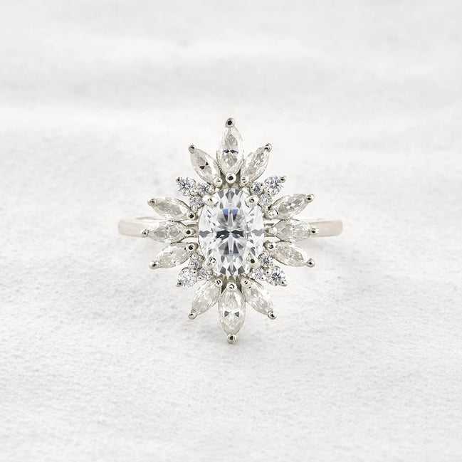 Sun Flower Halo Oval Cut Moissanite Engagement Ring