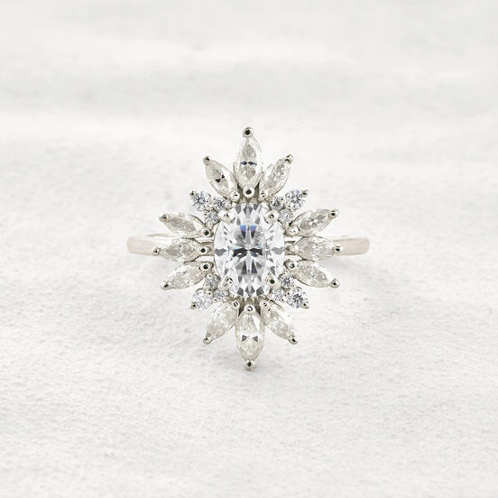Sun Flower Halo Oval Cut Moissanite Engagement Ring