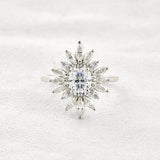 Sun Flower Halo Oval Cut Moissanite Engagement Ring