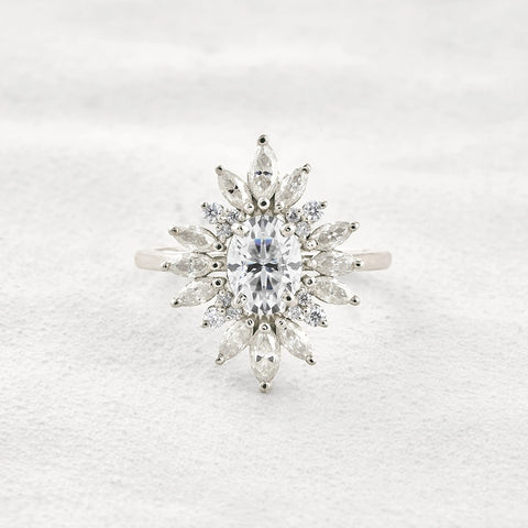Sun Flower Halo Oval Cut Moissanite Engagement Ring