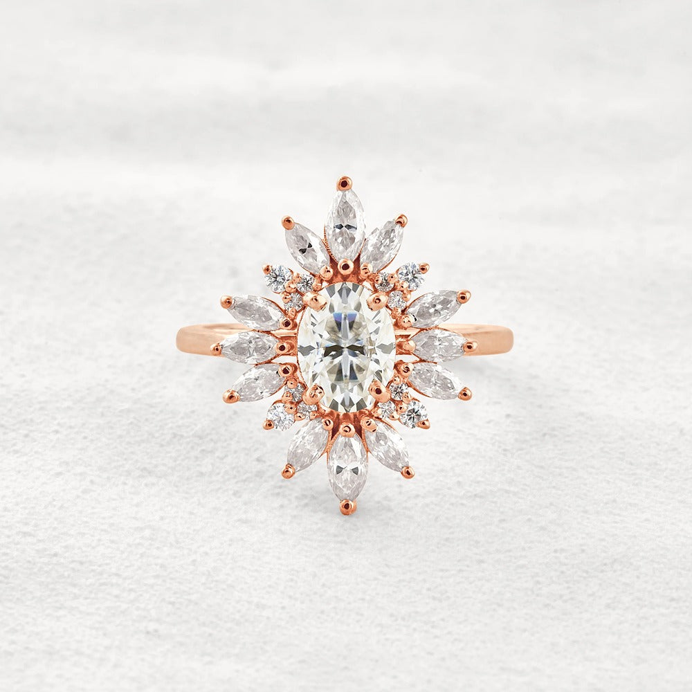 Sun Flower Halo Oval Cut Moissanite Engagement Ring