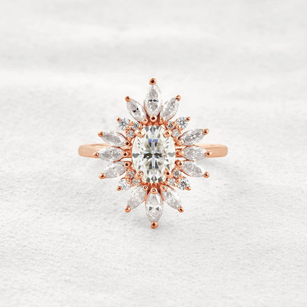 Sun Flower Halo Oval Cut Moissanite Engagement Ring