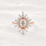 Sun Flower Halo Oval Cut Moissanite Engagement Ring