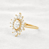 Sun Flower Halo Oval Cut Moissanite Engagement Ring