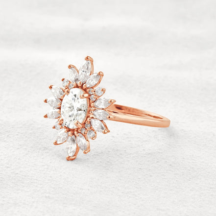 Sun Flower Halo Oval Cut Moissanite Engagement Ring