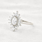 Sun Flower Halo Oval Cut Moissanite Engagement Ring