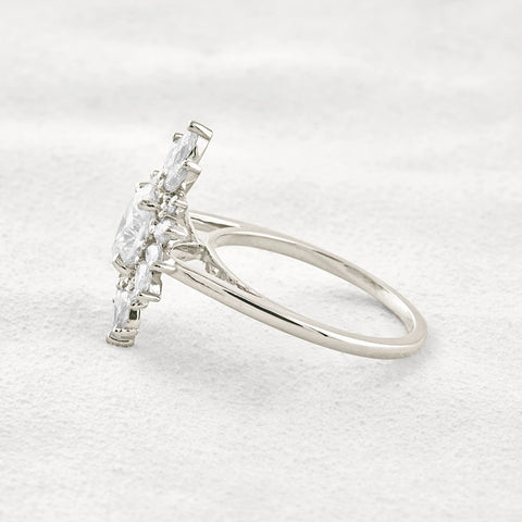 Sun Flower Halo Oval Cut Moissanite Engagement Ring