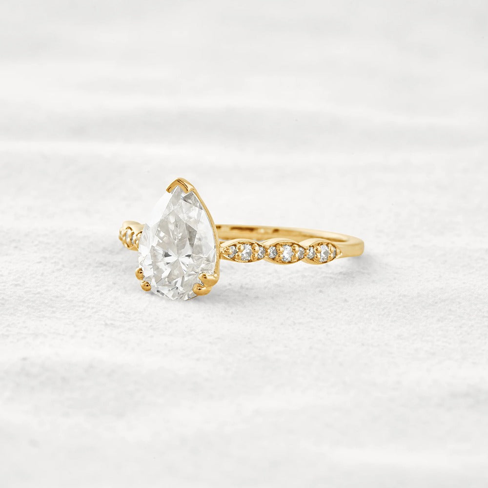 Pear Cut Pave Moissanite Diamond Engagement Wedding Ring