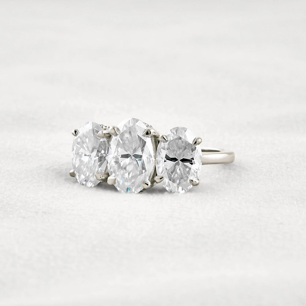 Oval Cut Three Stone & Hidden Accent Moissanite Engagement Ring