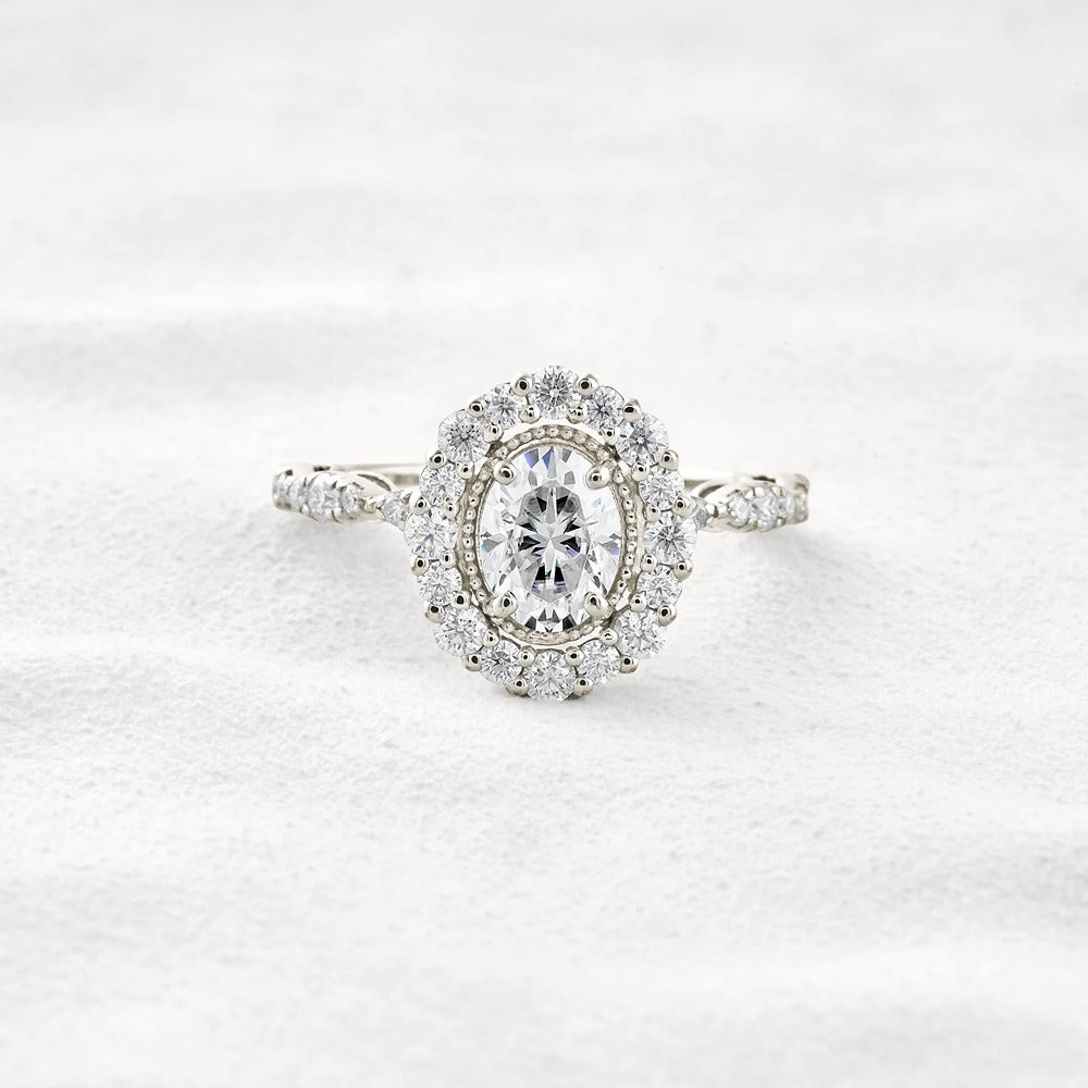 Moissanite Oval Cut Vintage Halo Pave Set Wedding Proposal Ring