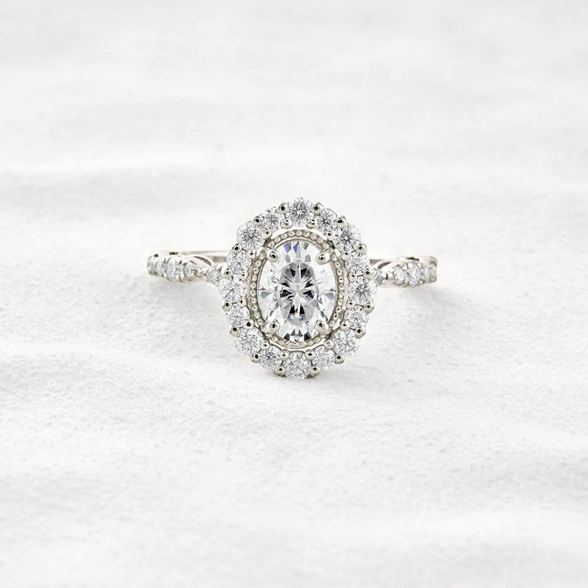 Moissanite Oval Cut Vintage Halo Pave Set Wedding Proposal Ring