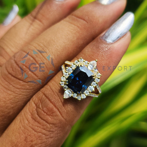 2.5CT Blue Radiant Cut Vintage Halo Engagement Ring