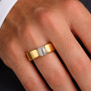 Tension Set Emerald Cut Moissanite Yellow Gold Men's Ring