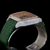 Green Color Leather Belt Moissanite Diamond Men's Watch