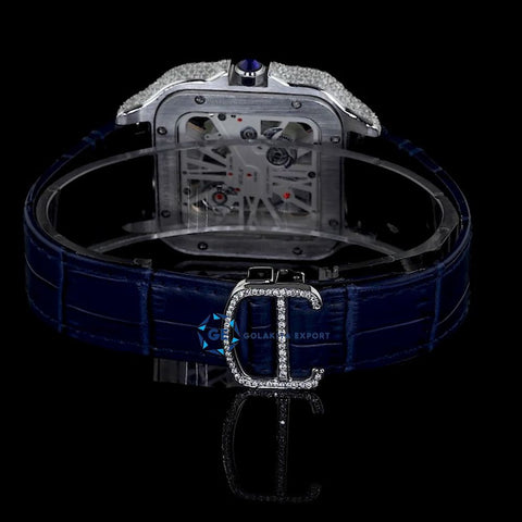 Awesome Blue Leather Belt Diamond Moissanite Watch