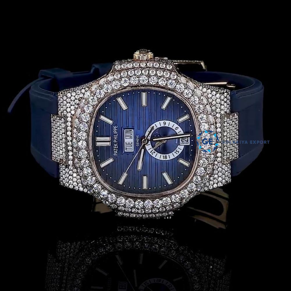 Fabulous Iced Out Blue Rubber Belt Automatic Moissanite Wrist Watch