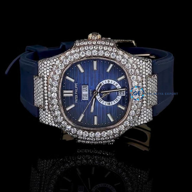 Fabulous Iced Out Blue Rubber Belt Automatic Moissanite Wrist Watch