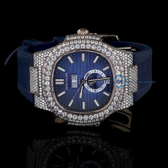 Fabulous Iced Out Blue Rubber Belt Automatic Moissanite Wrist Watch