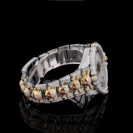 Dual Tone Bust Down Moissanite Luxury Skull Hip Hop Watch