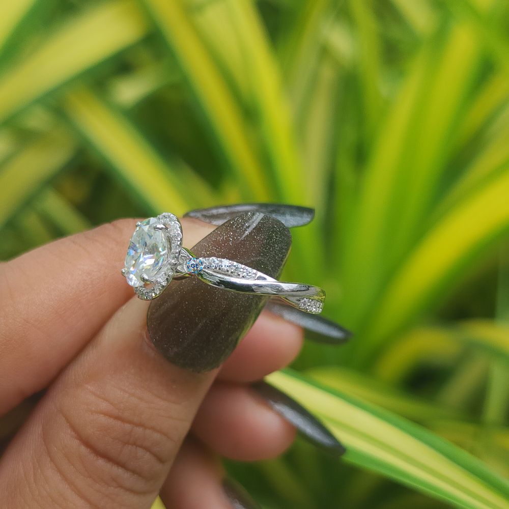 Lab Grown Oval Cut Halo Engagement Ring With Twisted Band