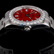 Elegant Red Dial Moissanite Diamond Automatic Watch