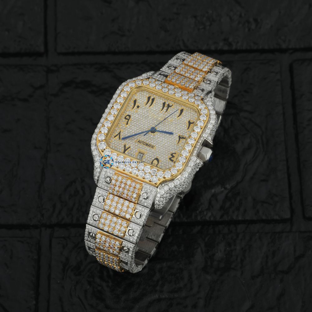 Dual Tone Arabic Dial Moissanite Hip Hop Watch