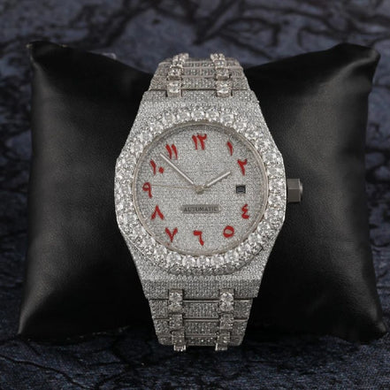 Red Color Arabic Dial Iced Out Moissanite Watch