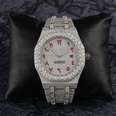 Red Color Arabic Dial Iced Out Moissanite Watch