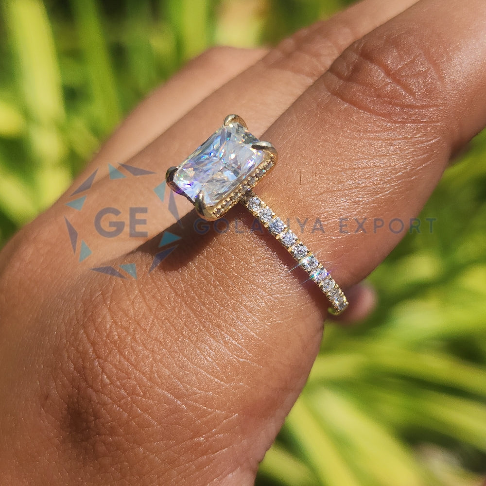 Yellow Gold Radiant Cut Pave Set Ring For Women