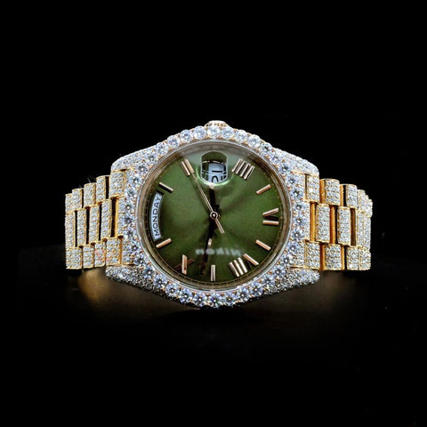 Green Dial Day Date Moissanite Wrist Watch For Men's