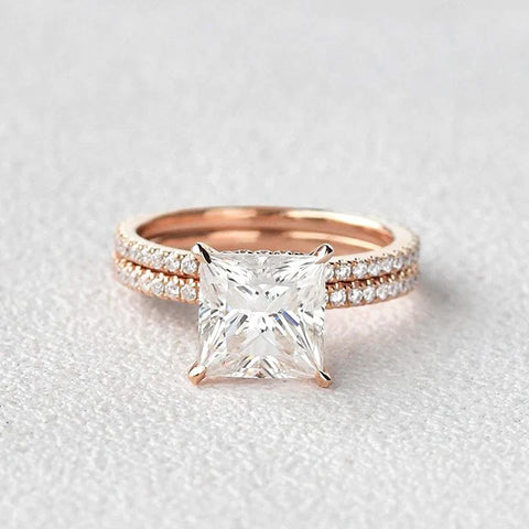 Princess Cut Hidden Halo Moissanite Ring Set For Her