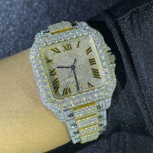 Bling Bling Moissanite Iced Out Dual Tone Wrist Watch For Him