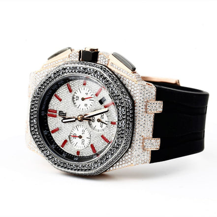 Black & White Moissanite Rubber Strap Wrist Watch For Men's