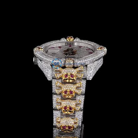 Dual Tone Bust Down Moissanite Luxury Skull Hip Hop Watch