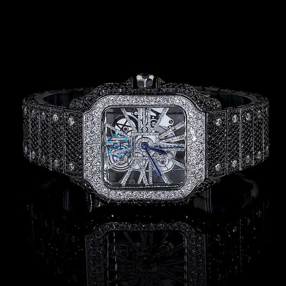 Formal Style Black Moissanite Skeleton Iced Out Watch