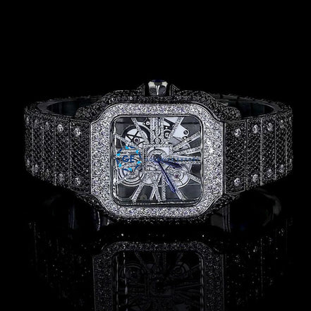 Formal Style Black Moissanite Skeleton Iced Out Watch