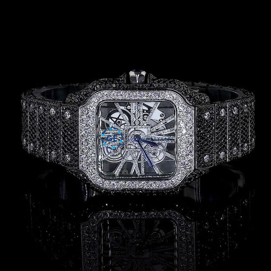 Formal Style Black Moissanite Skeleton Iced Out Watch