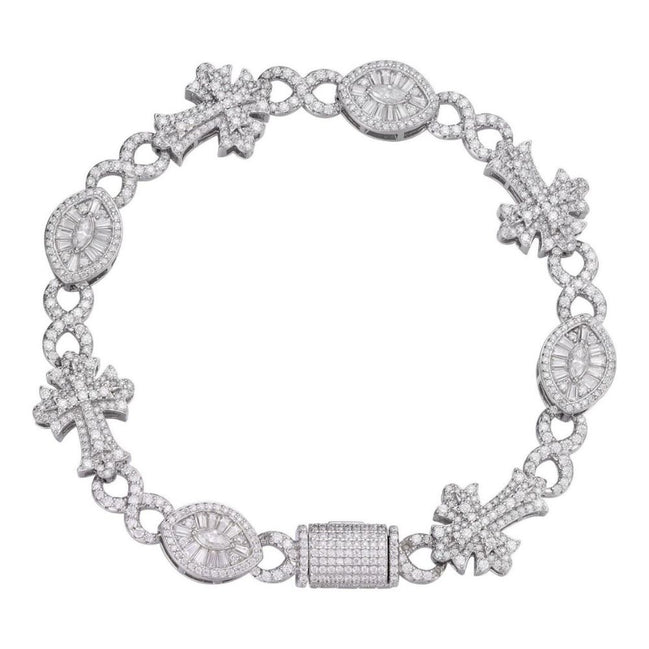 925 Silver Evil Eye Gothic Cross Link Bracelet Iced Out Bracelet