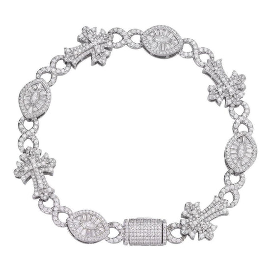 925 Silver Evil Eye Gothic Cross Link Bracelet Iced Out Bracelet