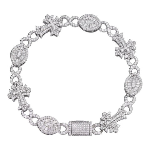 925 Silver Evil Eye Gothic Cross Link Bracelet Iced Out Bracelet