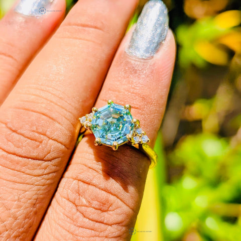 3CT Hexagon Lab Grown Green Diamond Ring For Women