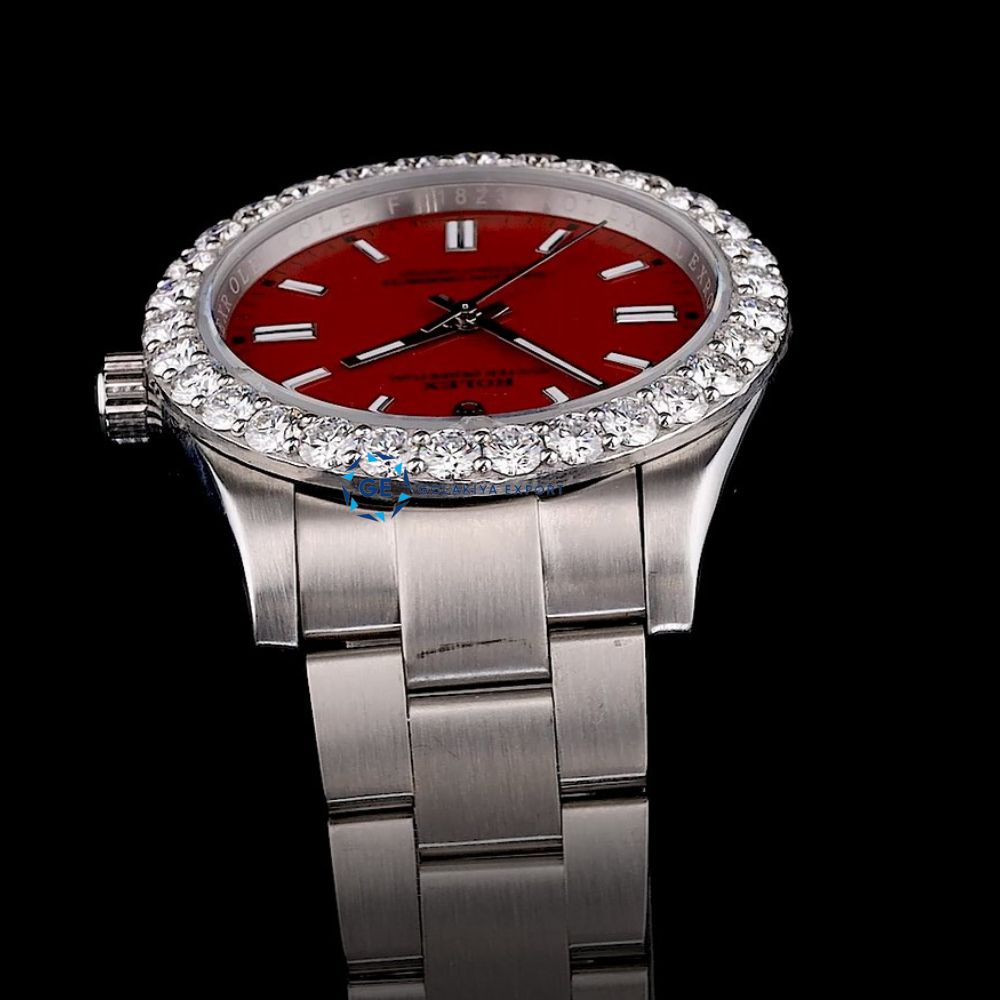 Elegant Red Dial Moissanite Diamond Automatic Watch