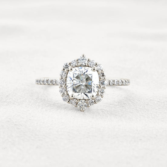 Colorless Moissanite Cushion Cut Vintage Halo Engagement Ring