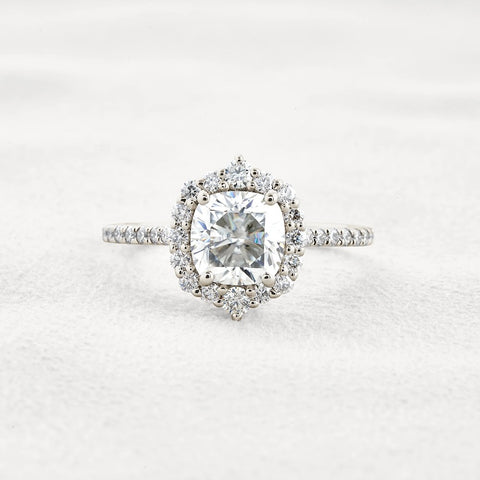 Colorless Moissanite Cushion Cut Vintage Halo Engagement Ring
