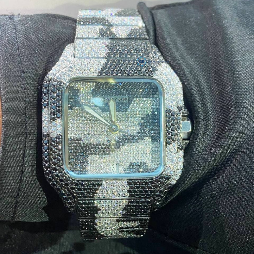 Black & White Army Design Dual Tone Moissanite Men's Watch