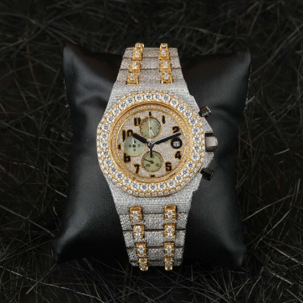 Dual Tone Chrono Dial Handmade Hip Hop Moissanite Watch