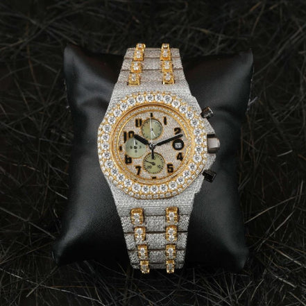 Dual Tone Chrono Dial Handmade Hip Hop Moissanite Watch