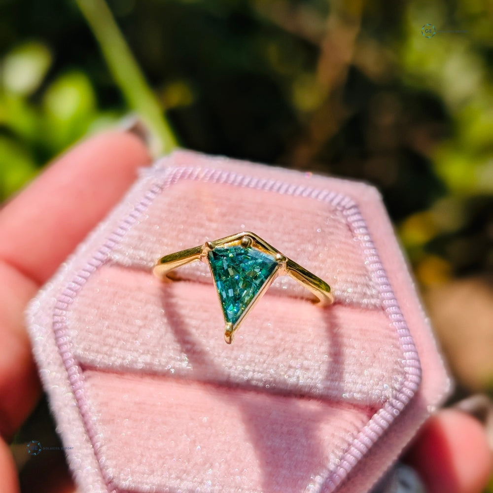 Green Kite Cut Yellow Gold Solitaire Engagement Ring
