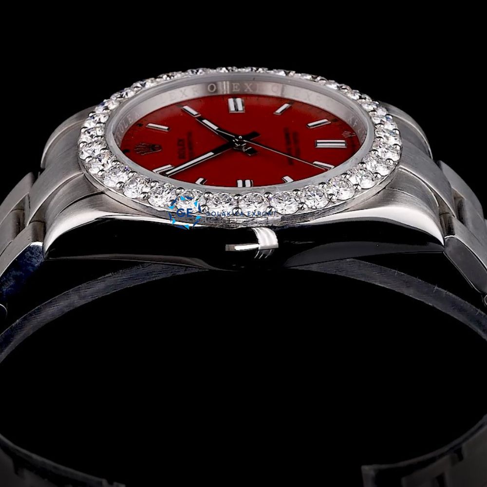 Elegant Red Dial Moissanite Diamond Automatic Watch