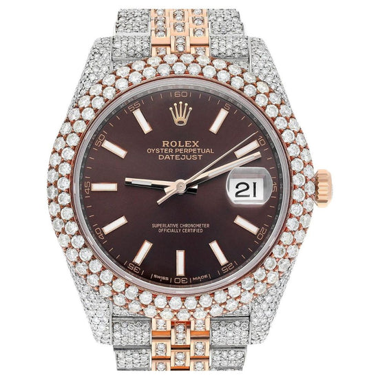 Dual Tone Brown Dial Datejust Iced Out Moissanite Watch